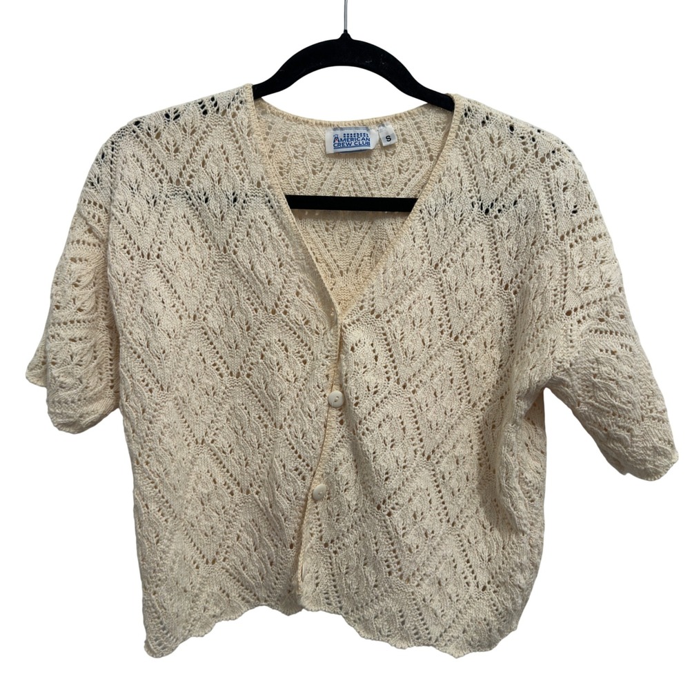 American Crew Club Pointelle Cardigan Cream Short Sleeve Cropped Cottagecore S